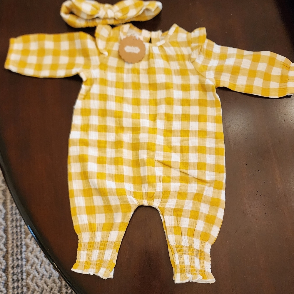Mud Pie yellow gingham one piece. 0-3 mo